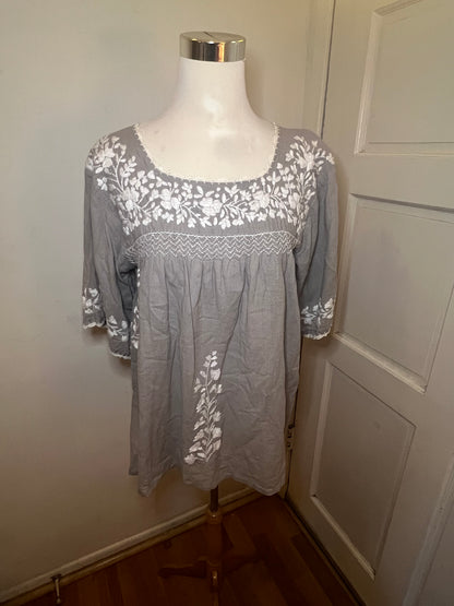 Grey Mexican Embroidered Blouse