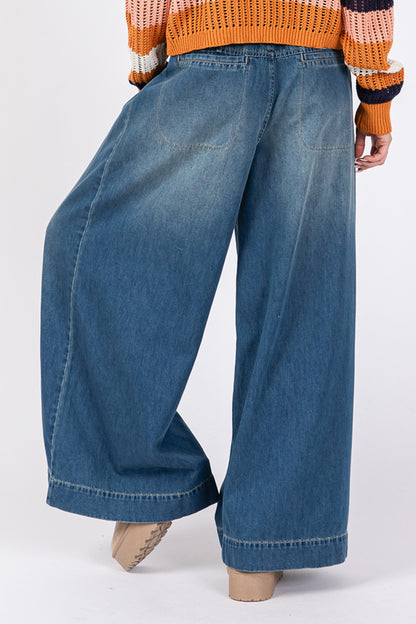 Smocked Waist Band Wide Leg Jeans