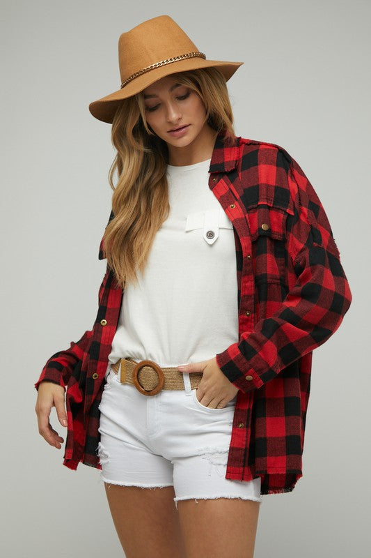 RESTOCKED - Buffalo Plaid Peace Shacket in Red