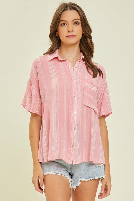 Airy Stripe Gauze Button Down Shirt in Pink