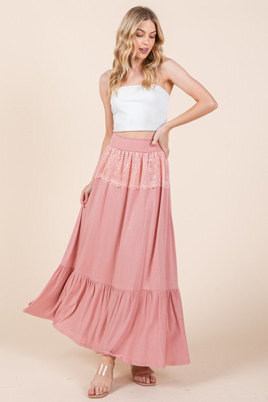 Lace Detailed Maxi Skirt in Pink