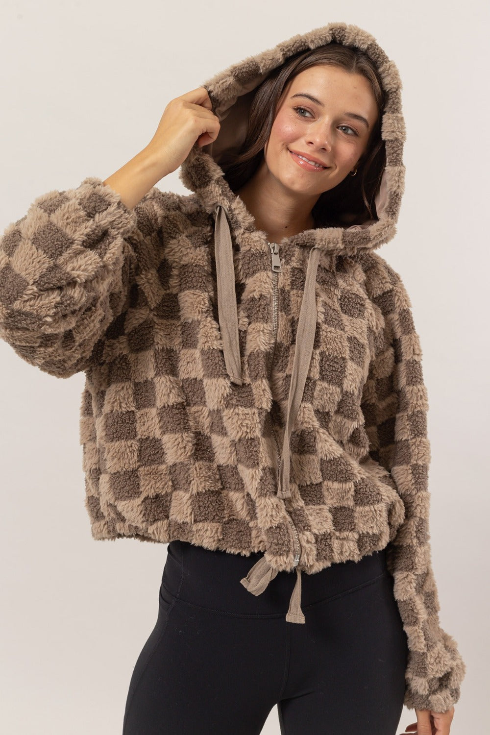 Checkered Hooded Sherpa Jacket