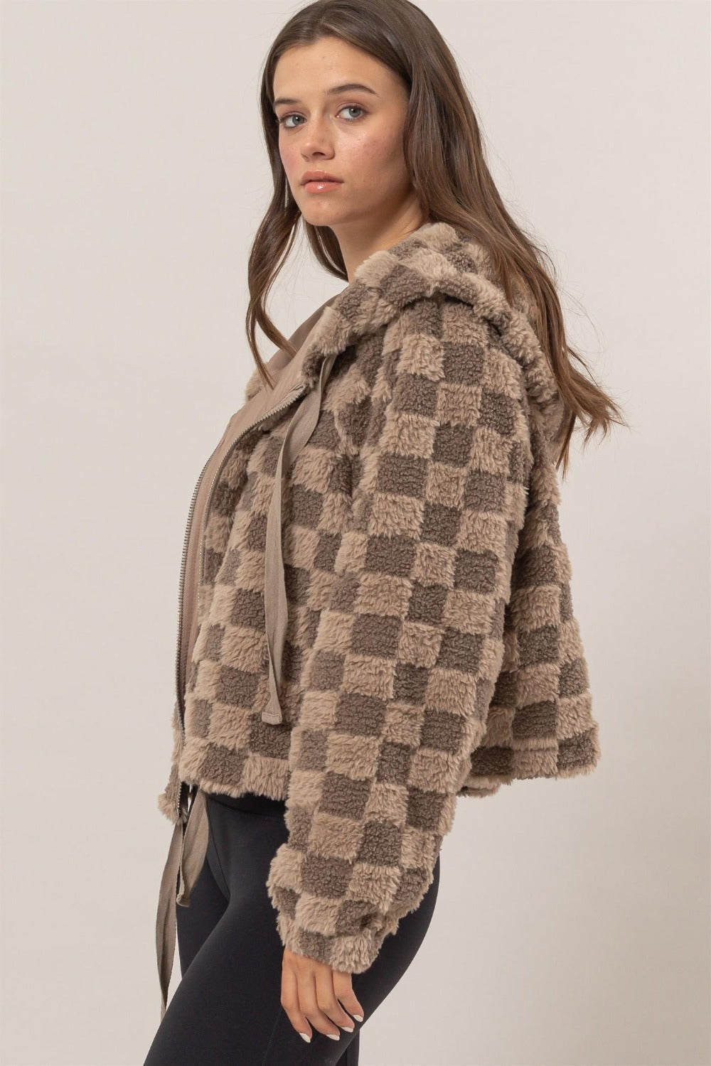 Checkered Hooded Sherpa Jacket