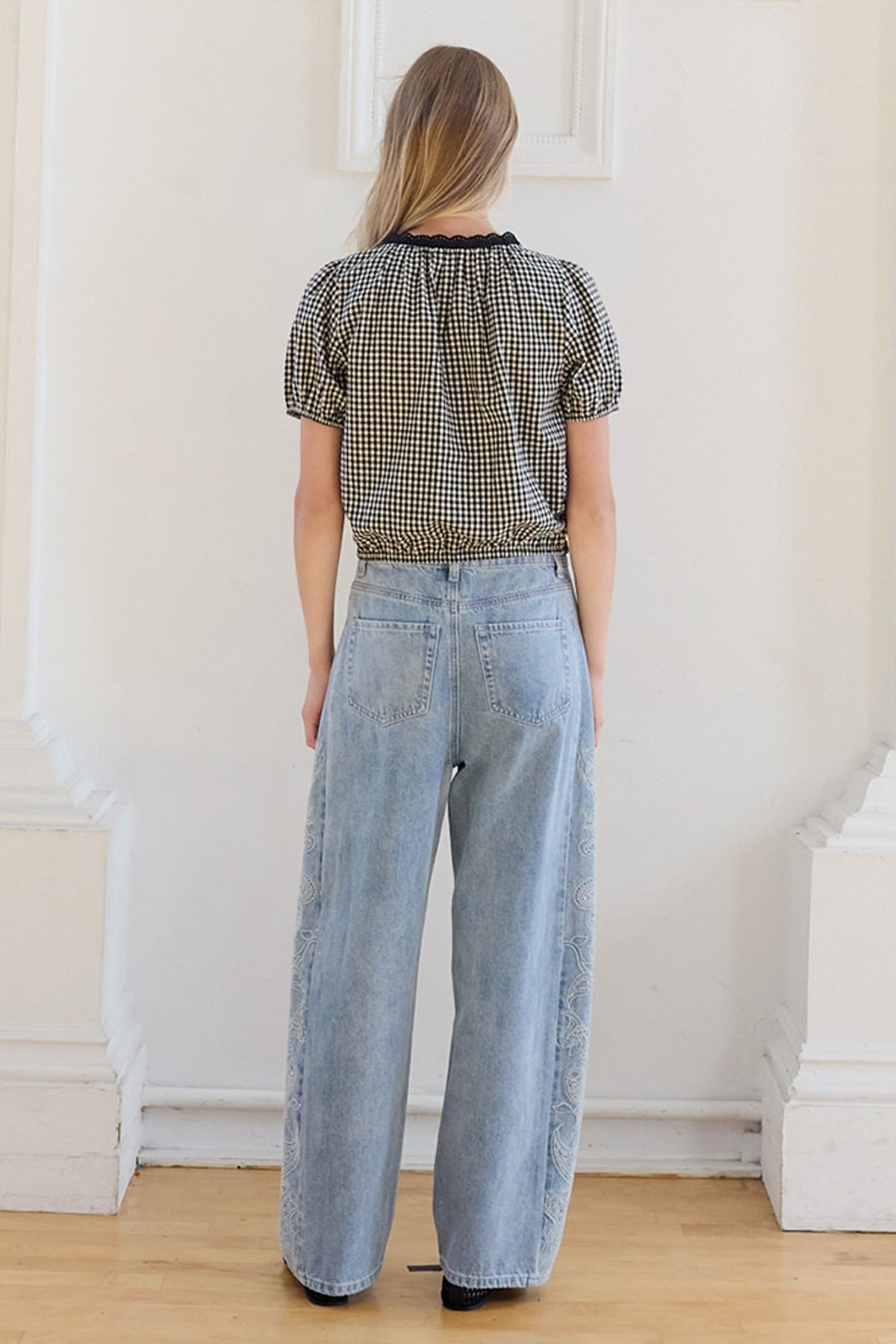 Floral Embroidered Gingham Blouse