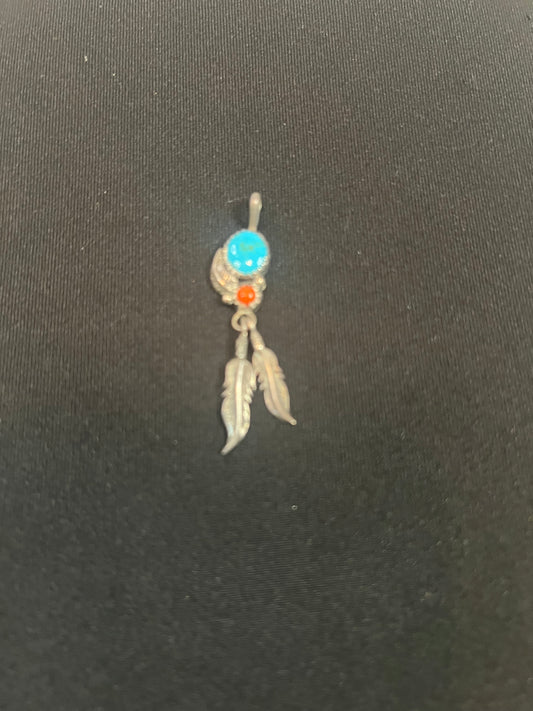 Vintage Turquoise and Coral Feather Pendant
