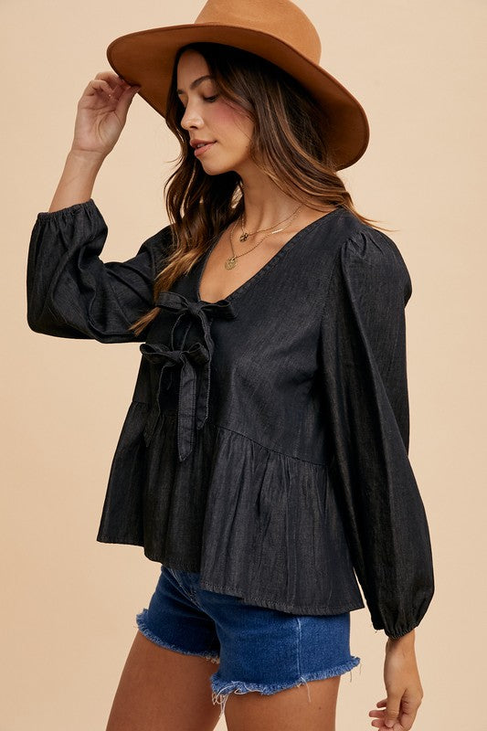 Bow Babydoll Denim Top