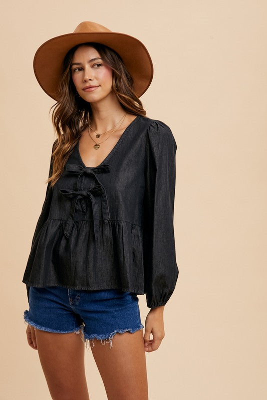 Amber Moon Revival: Black Denim Tie Front Peplum Top