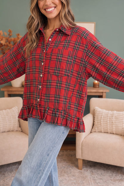 Ruffle Plaid Flannel Top in Red