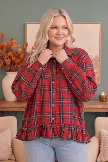 Ruffle Plaid Flannel Top in Red