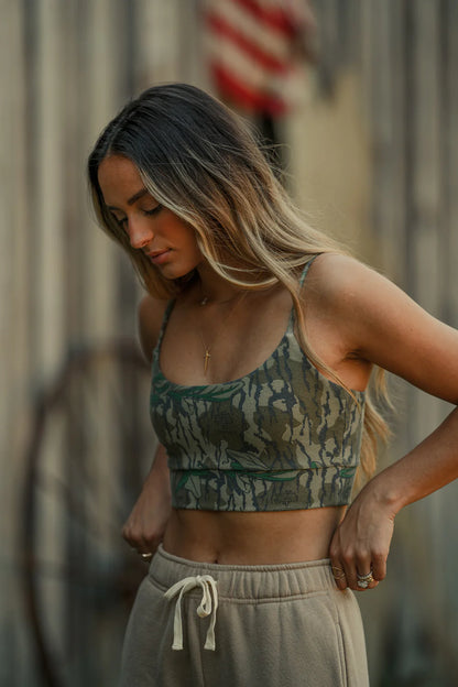 Amber Moon Revival: Tribe Kelley Mossy Oak Camo Traveler Bra in Greenleaf