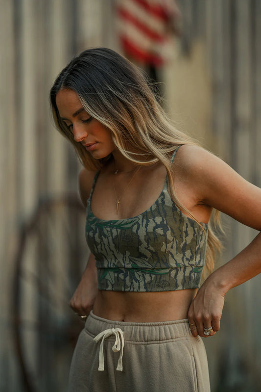 Amber Moon Revival: Tribe Kelley Mossy Oak Camo Traveler Bra in Greenleaf