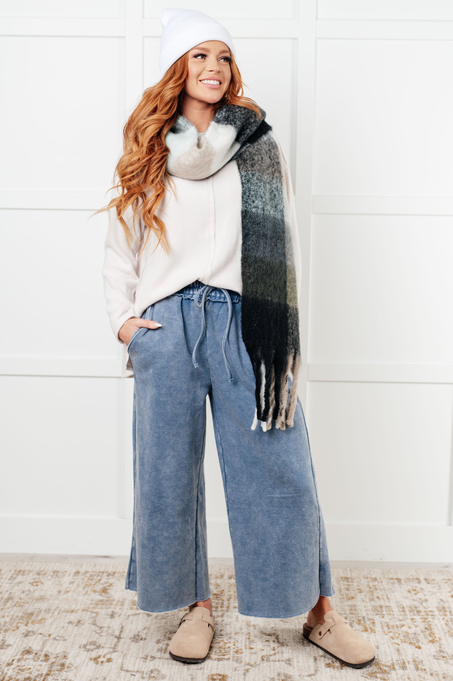 Oversized Plaid Fringe Scarf in Grey and Jade