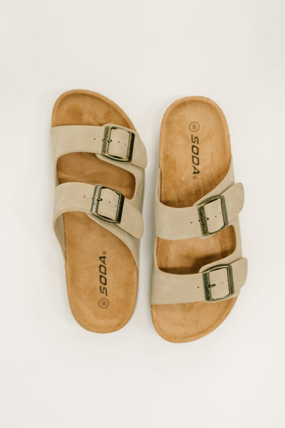 Double Buckle Slides in Light Taupe