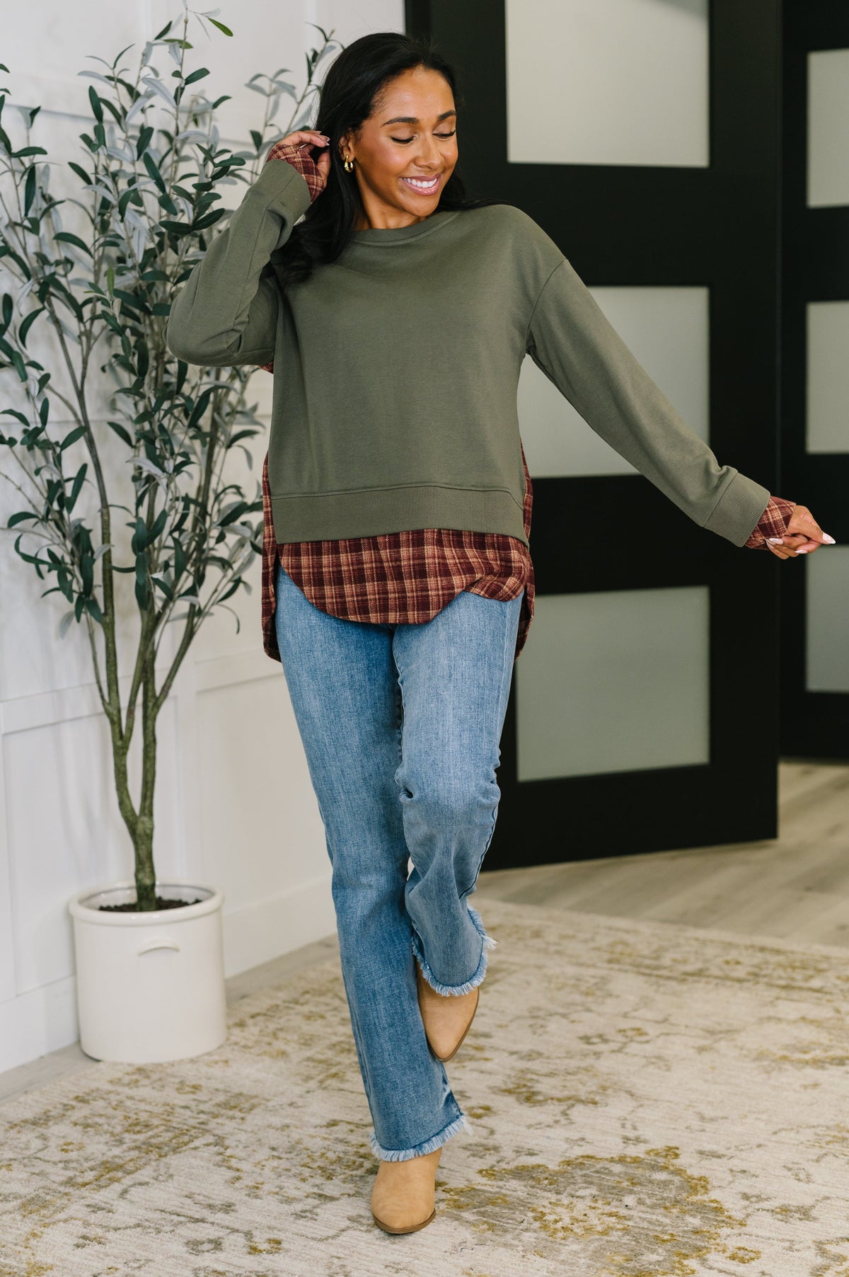 Plaid Contrast Sweatshirt
