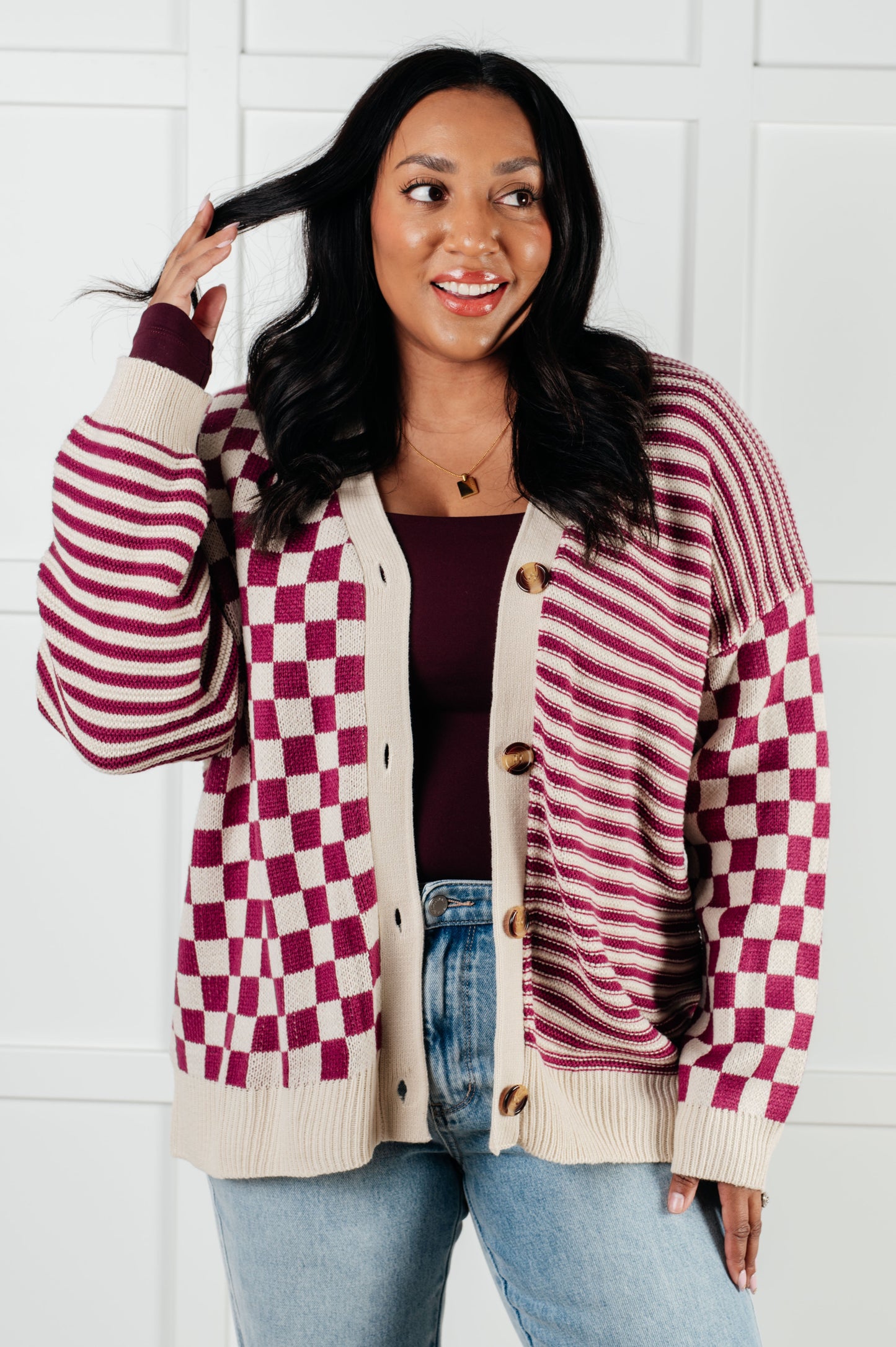 Checkerboard/Striped Cardi in Magenta