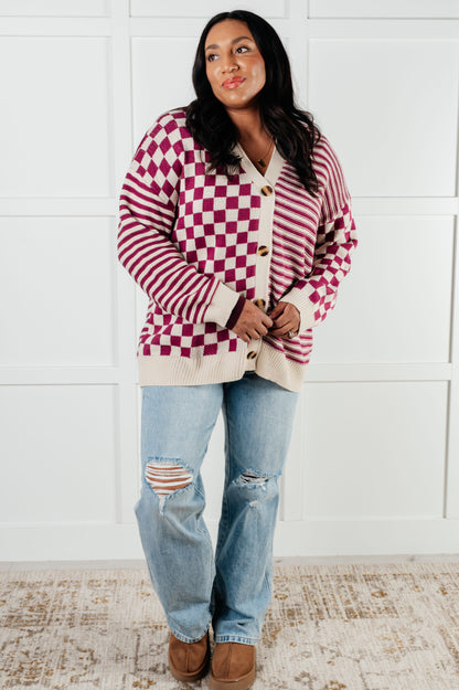 Checkerboard/Striped Cardi in Magenta