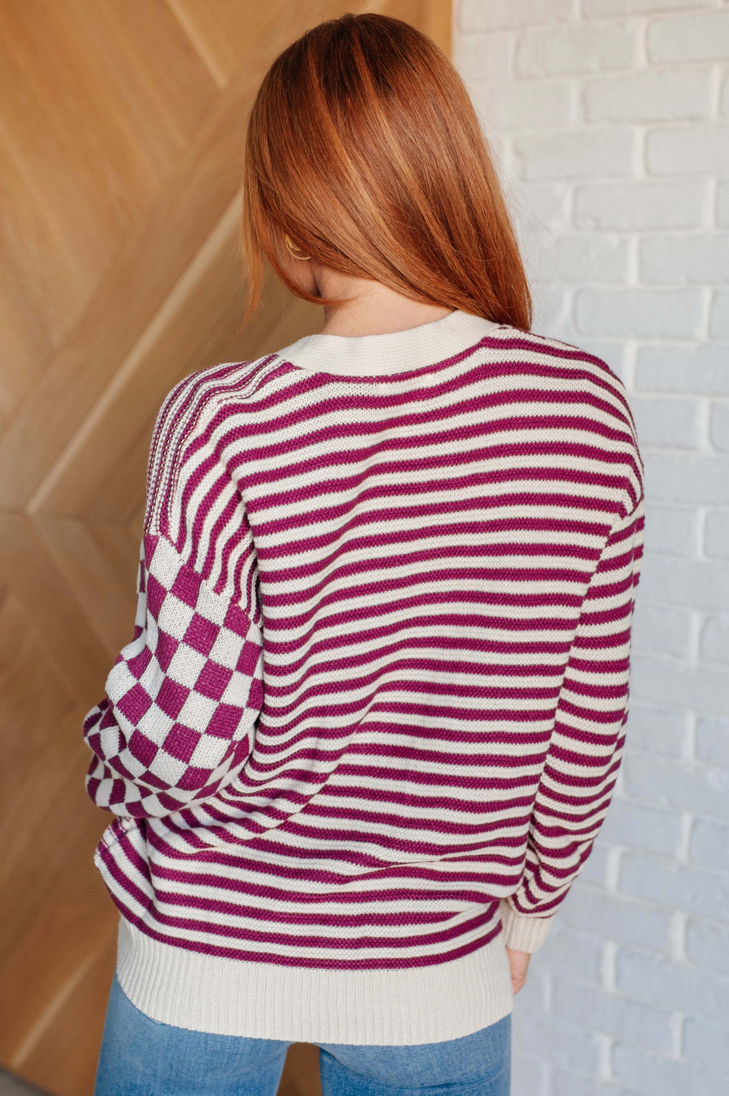 Checkerboard/Striped Cardi in Magenta