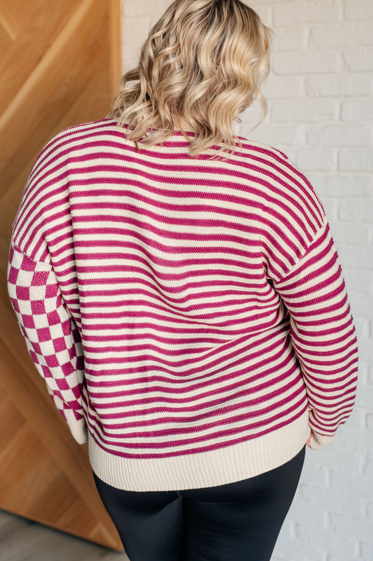 Checkerboard/Striped Cardi in Magenta