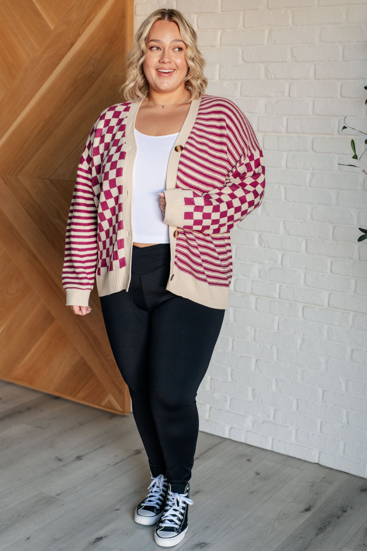 Checkerboard/Striped Cardi in Magenta