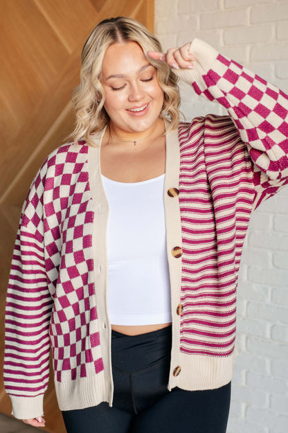 Checkerboard/Striped Cardi in Magenta