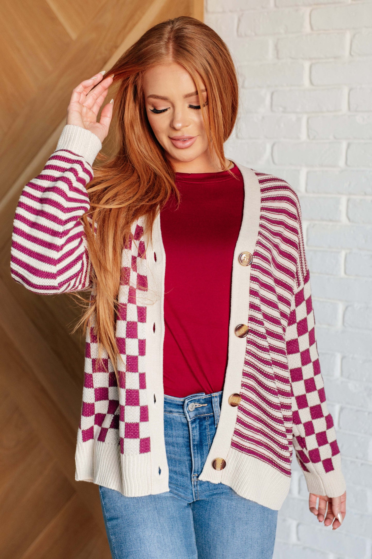 Checkerboard/Striped Cardi in Magenta