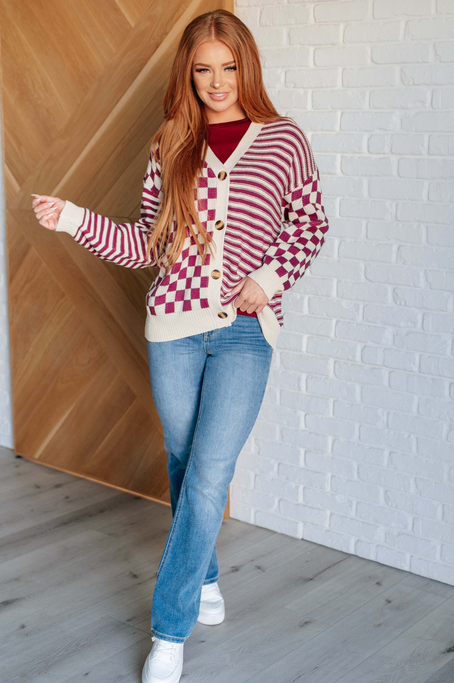 Checkerboard/Striped Cardi in Magenta