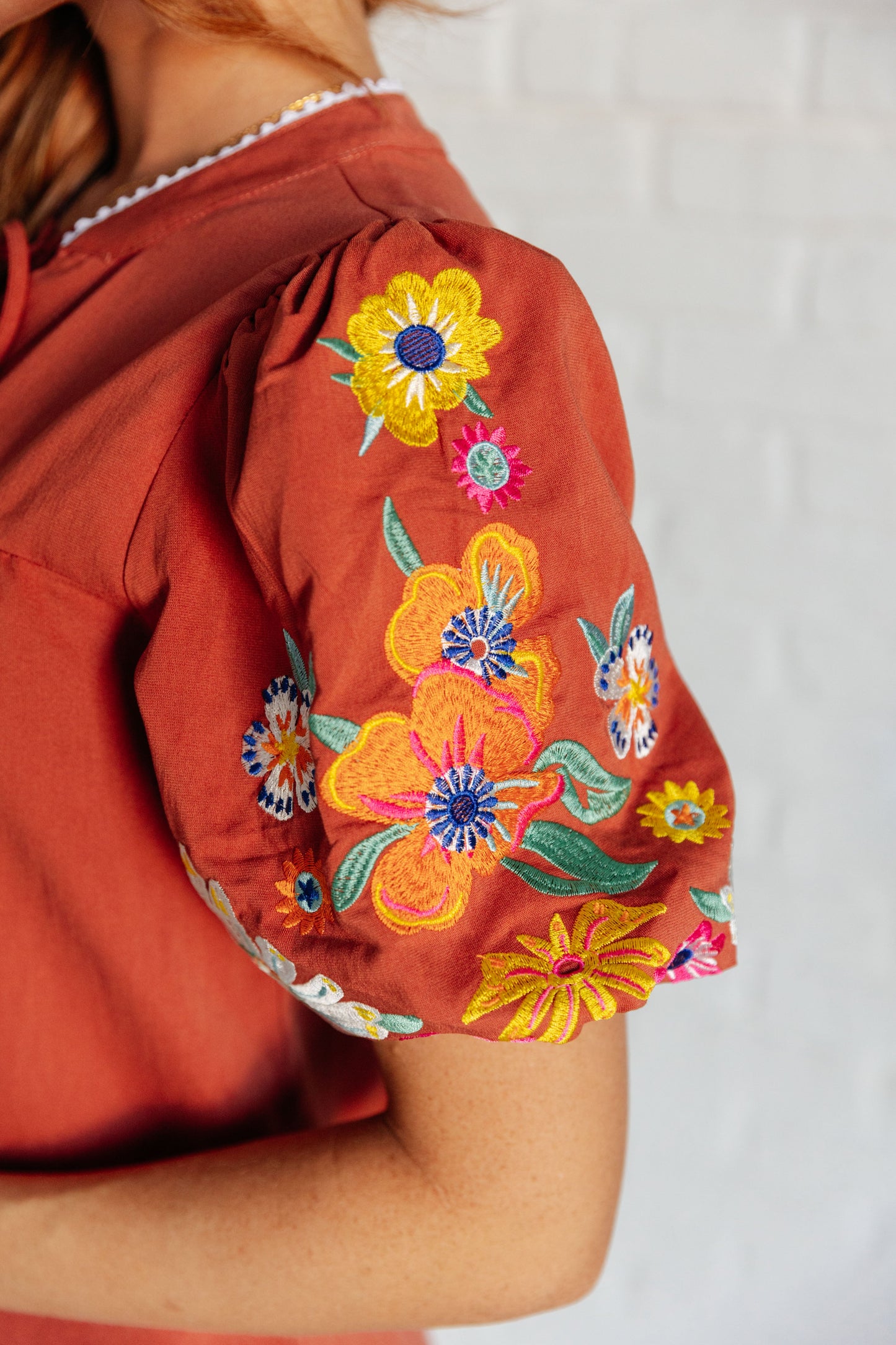 Rust Embroidered Sleeve Blouse