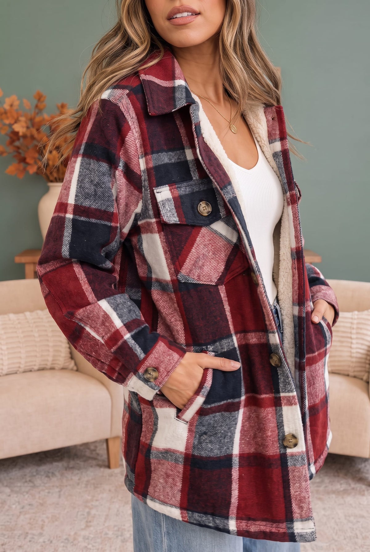 Woods Flannel Shacket in Wine and Navy