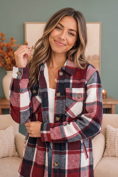 Woods Flannel Shacket in Wine and Navy