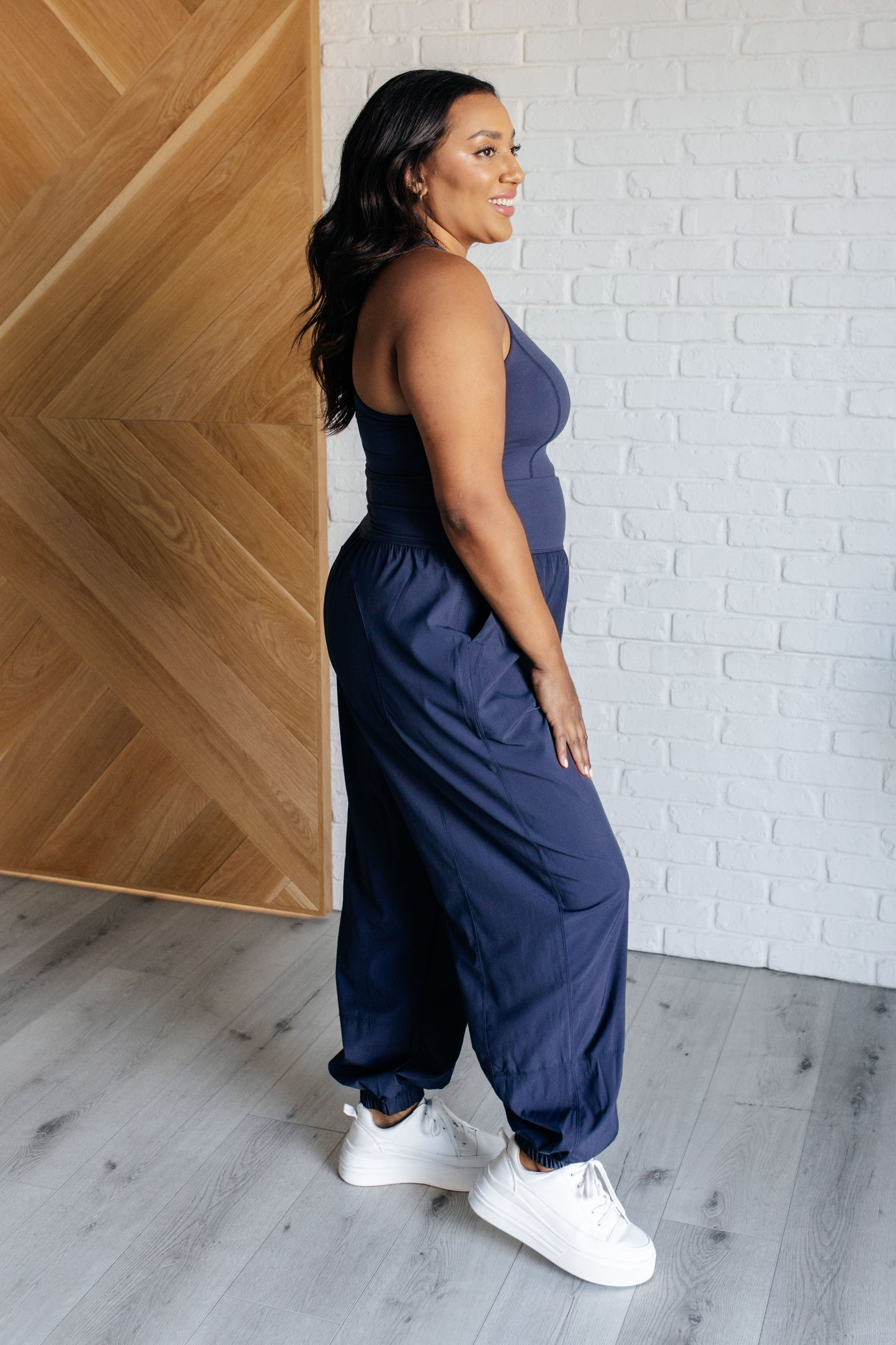 Cut Out Jumpsuit in Navy with Built in Bra