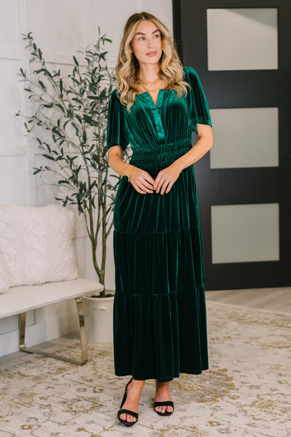 Emerald Velvet Tiered Dress