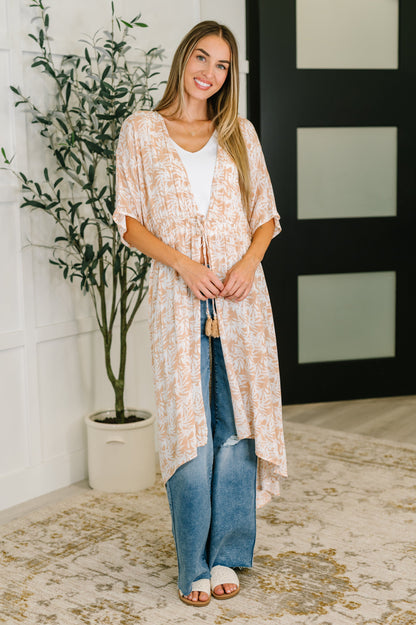 Tropical Print Gauze Kimono in Milk Tea