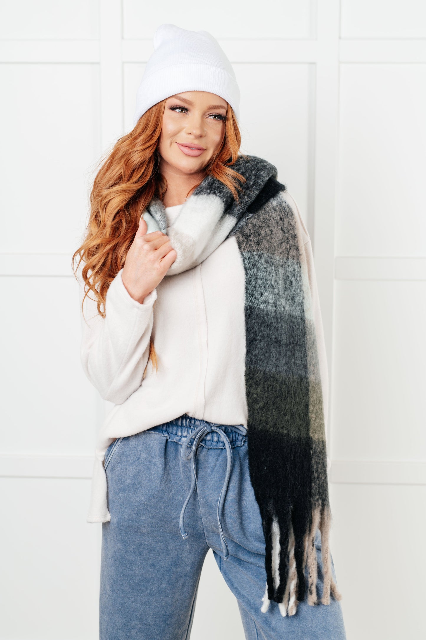 Oversized Plaid Fringe Scarf in Grey and Jade