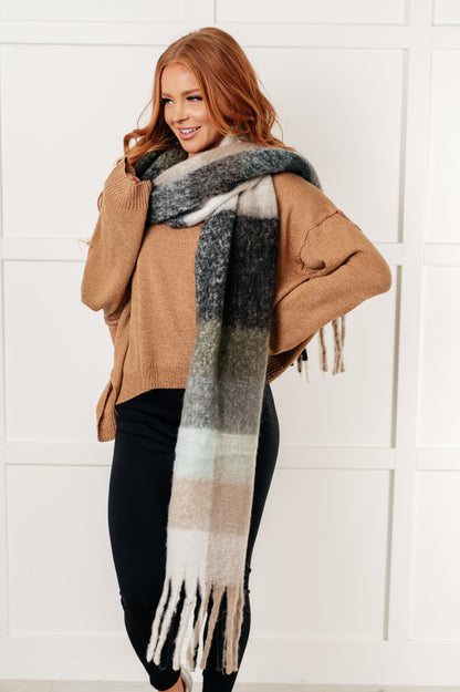 Oversized Plaid Fringe Scarf in Grey and Jade