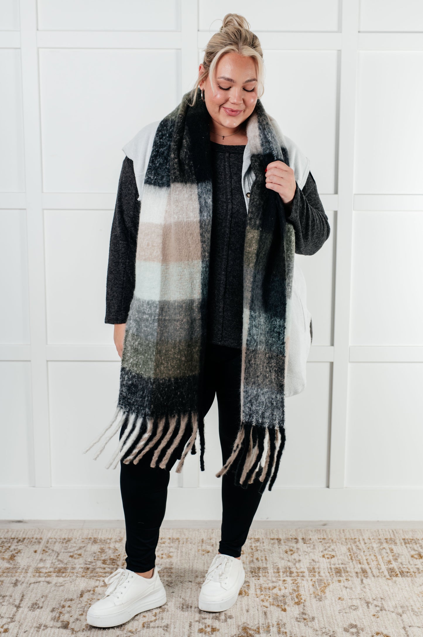 Oversized Plaid Fringe Scarf in Grey and Jade