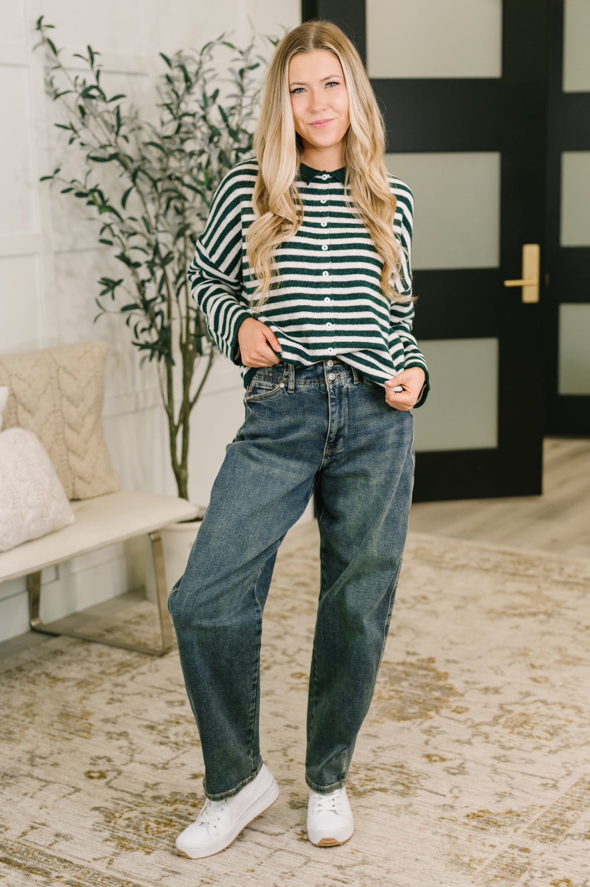 Striped Button Down in in Hunter Green