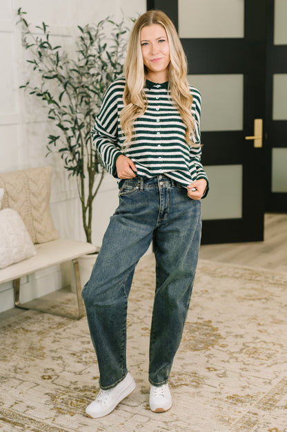 Striped Button Down in in Hunter Green