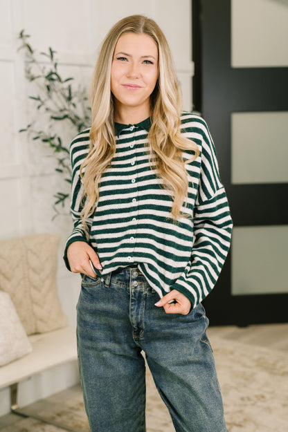 Striped Button Down in in Hunter Green