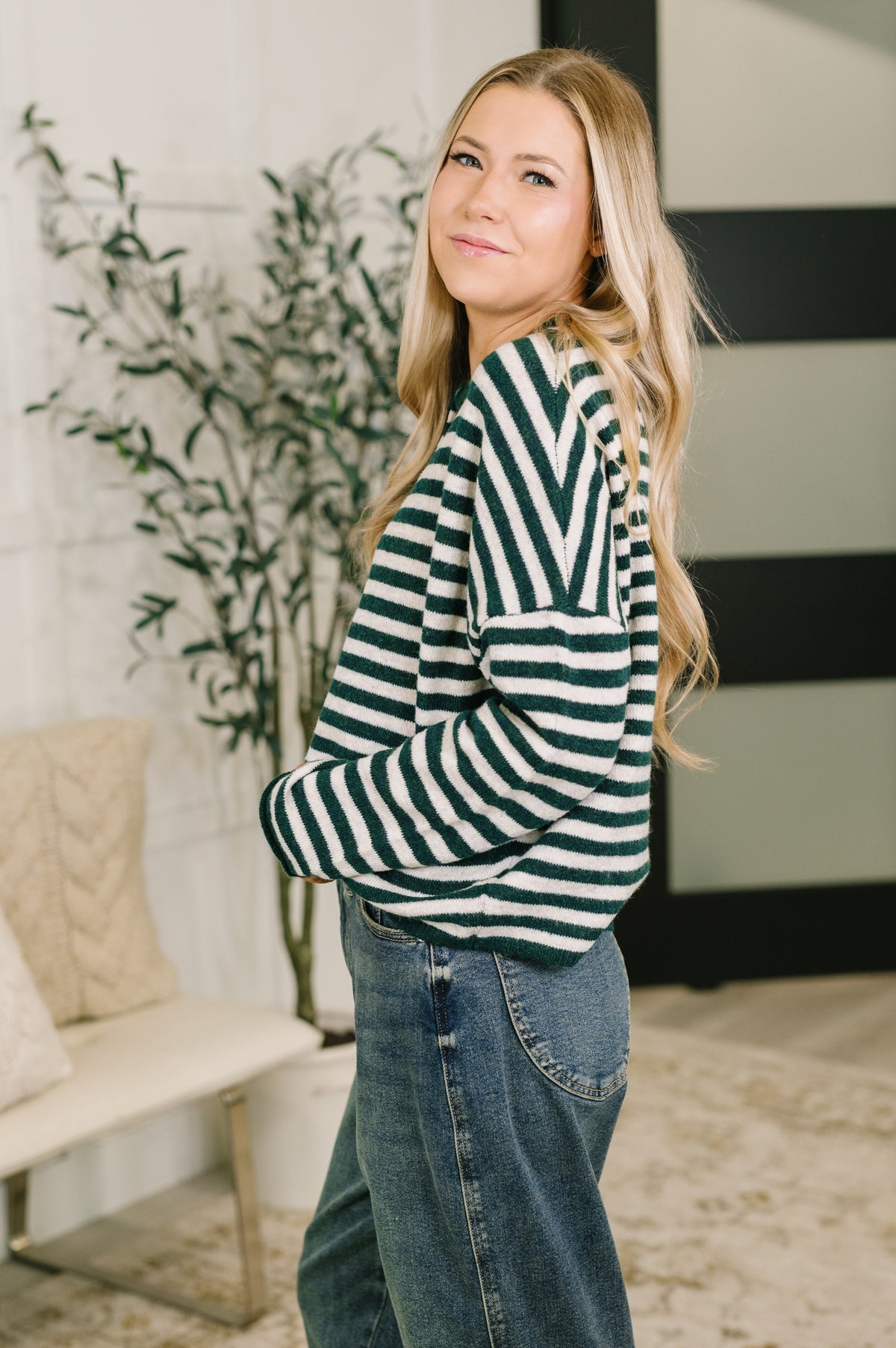 Striped Button Down in in Hunter Green