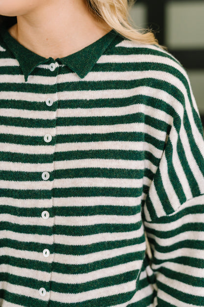 Striped Button Down in in Hunter Green