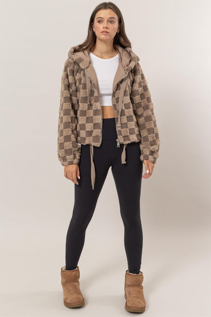 Checkered Hooded Sherpa Jacket