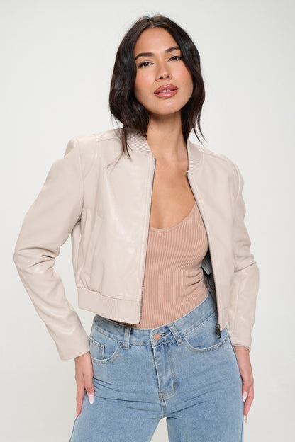 Cropped Leather Bomber