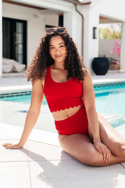 Scalloped Swim Top in Red